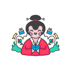 Cute cartoon geisha holding gift boxes. illustration for t shirt, poster, logo, sticker, or apparel merchandise.