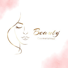 Vector woman in gold profile template logo or abstract concept for beauty salons. Cosmetics, medical center, fashion and beauty industry. Abstract logo. Vector File