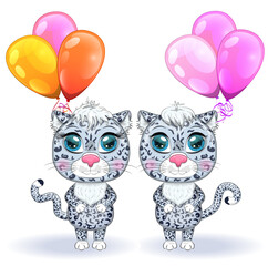 Fototapeta premium Cartoon snow leopard with expressive eyes among flowers, hearts, decorative elements. Wild animals, character, childish cute style.