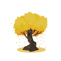Huge autumn tree with large trunk. Yellow and orange falling leaves isolated on white background vector illustration. Fall foliage.