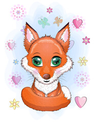 Cute red fox with a fluffy tail among flowers, children's theme