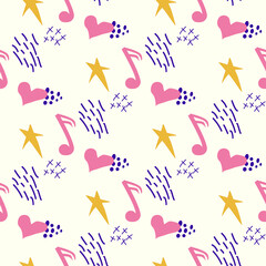 Cartoon cute doodles hand drawn Musical seamless pattern. Colorful detailed, with lots of objects background.