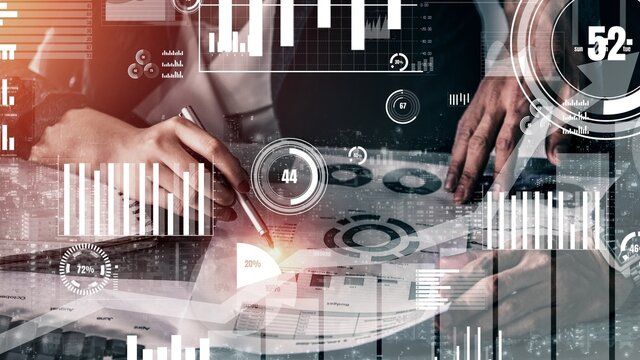 Conceptual business dashboard for financial data analysis . 3D render computer graphic .