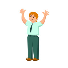 The young man raised his hands to the top. Rejoices in success. Vector illustration. 