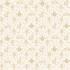 Fototapeta na wymiar A pattern with Egyptian elements and icons. Mythological motifs of ancient Egypt with Gods in the doodle style. Vector substrate for textiles with Egyptian motifs. Vector illustration