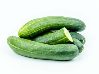 Cucumber and slices isolated on white background.