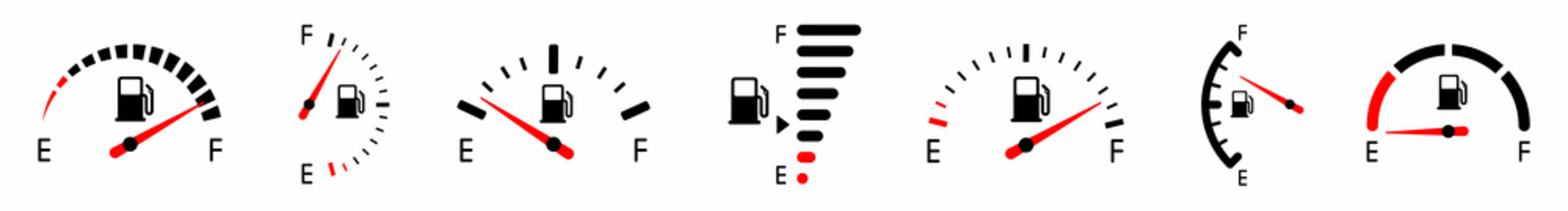 Fuel gauge indicator. Full fuel gauge icon set. Gas tank. Different dashboard auto panel equipment with arrow. Vector illustration.