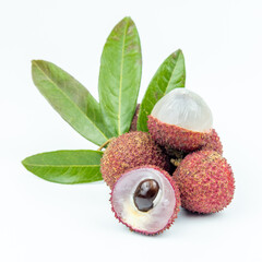 Fresh lychee with leaves isolated on white background
