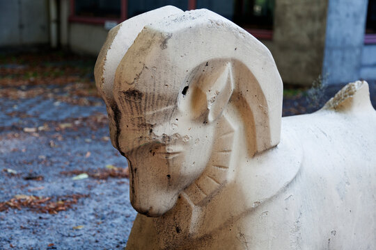 Gavle, Norrland Sweden - July 13, 2021: a goat made of stone, symbol of the city