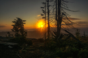 Wschód słońca w Beskidzie Śląskim na szczycie Baraniej Góry