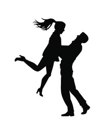 Fototapeta na wymiar Happy romantic couple silhouette vector illustration. Man lifting up woman. Valentine's day concept