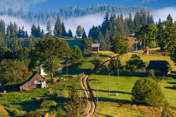 Mountain landscape background rural village settlements in coniferous forests and fields, tourism and travel in Ukrainian carpathians