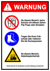 ks862 Kombi-Schild - Warnung: deutsch - Zutritt - Sicherheit im Lager: Schuhe mit offenen Zehen / Flip Flop verboten - Sicherheitsschuhe tragen - Vorsicht Gabelstapler . DIN A3, A4 g10700