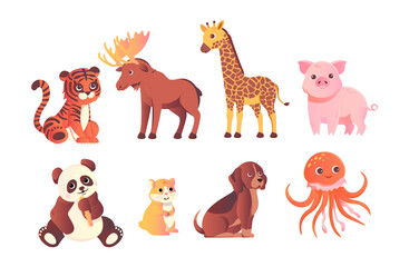 Naklejka premium Wild baby animals set. Cute characters inhabitants of forests, jungles and savannas. Stickers for posters, fabric printing and wall decoration. Cartoon flat vector collection on white background