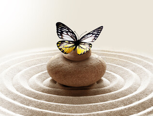 Fototapeta na wymiar zen garden meditation stone background and butterfly with stone and circles in sand for relaxation balance and harmony