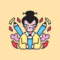 Cute geisha with pencils. illustration for t shirt, poster, logo, sticker, or apparel merchandise.