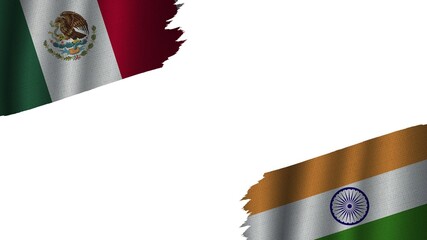 India and Mexico Flags Together, Wavy Fabric Texture Effect, Obsolete Torn Weathered, Crisis Concept, 3D Illustration