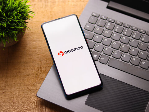 Assam, india - February 19, 2021 : Moomoo logo on phone screen stock image.