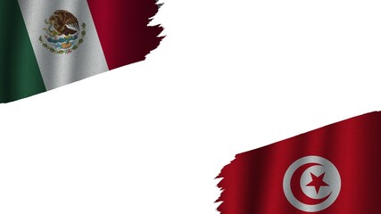 Tunisia and Mexico Flags Together, Wavy Fabric Texture Effect, Obsolete Torn Weathered, Crisis Concept, 3D Illustration
