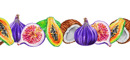 Horizontal pattern. Watercolor tropical fruits: papaya, coconut and figs.  Illustration. Linear border.