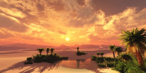 Fototapeta premium Oasis at sunset in a sandy desert, a panorama of the desert with palm trees, 3d rendering