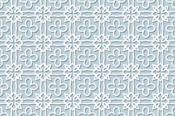 Geometric volumetric convex ethnic white 3D pattern. Embossed blue background in oriental, indonesian, asian styles. Decorative arabesque, lace texture, paper cut ornament.