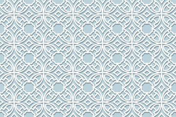 Geometric volumetric convex ethnic white 3D pattern. Embossed blue background in oriental, indonesian, asian styles. Elegant arabesque, lace texture, paper cut ornament.