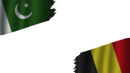Belgium and Pakistan Flags Together, Wavy Fabric Texture Effect, Obsolete Torn Weathered, Crisis Concept, 3D Illustration