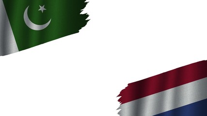 Netherlands and Pakistan Flags Together, Wavy Fabric Texture Effect, Obsolete Torn Weathered, Crisis Concept, 3D Illustration