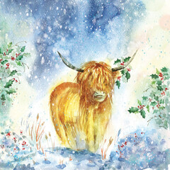 Watercolor painting of highland cow in winter scene with snowfall and holy tree. Christmas card template. - obrazy, fototapety, plakaty