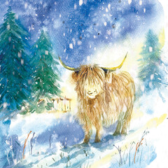 Watercolor painting of highland cow in winter scene with snowfall and fir trees. Christmas card template.