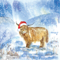 Watercolor painting of highland cow in Christmas hat. Winter valley background. Christmas card template.