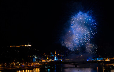 Fototapeta na wymiar Fireworks over Danube river, Budapest