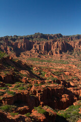 The steep canyon. Panorama view of the red desert, cliffs, orange sandstone formations and rocky mountains in the horizon in Sierra de las Quijadas national park in San Luis, Argentina.