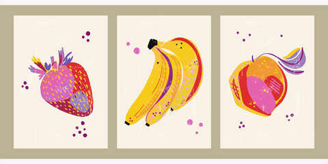 Vintage illustration of fruits in vintage style. Set of three posters for menu design, restaurant decor, grocery stores. Minimalist background with strawberry, banana, peach, gradient, grain texture.