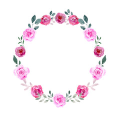 Fototapeta na wymiar Watercolor floral wreath of pink roses and greenery. Round frame for text, photos, etc.