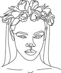 Line Art Woman Face Drawing. Black Woman Vector. Afro American Female Logo. Contouring Line. Minimalist Face. Beauty salon