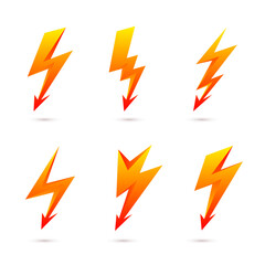 Yellow Lightning Bolt Icons Isolated on White. Simple Icon Storm or Thunder and Lightning Strike. Simple Cartoon Lightning Strike Sign with Shadow Effect