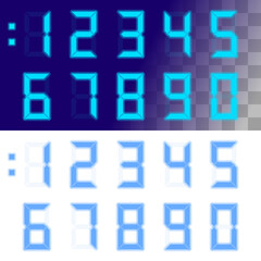 Calculator Digital Numbers on White and Dark-Blue Background with Transparent Effect. Electronic Figures for Interface Design Different Types of Devices - obrazy, fototapety, plakaty