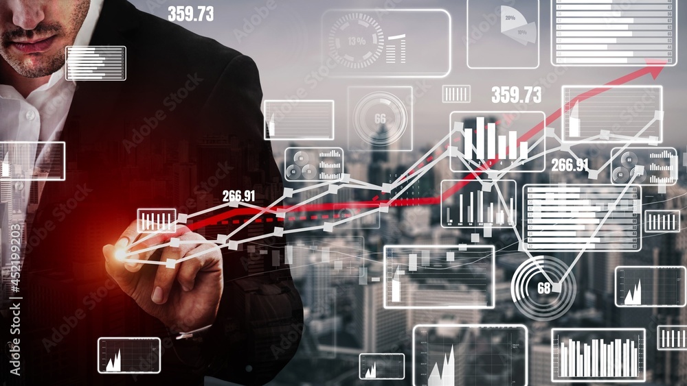 Poster conceptual business dashboard for financial data analysis . 3d render computer graphic .