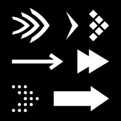 Icon Set of Flat Arrows. Isolated White Arrow Icon Collection for Back and Next User Interface Icons. Different Concept for Previous or Forward Minimal Web Buttons on Black Backdrop