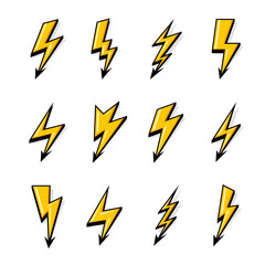 Yellow Lightning Bolt Icons Isolated on White Background. Simple Icon Storm or Thunder and Lightning strike. Flash Symbol, Thunderbolt. Simple Cartoon Lightning Strike Sign