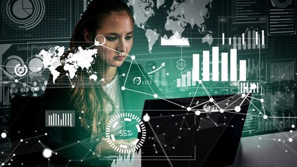 Big Data Technology for Business Finance Analytic conceptual . Modern graphic interface shows massive information of business sale report, profit chart and stock market trends analysis .