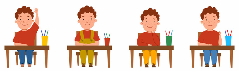 A set of illustrations with a student sitting at a classroom desk. The curly-haired, freckled boy at the table raised her hand. Vector illustration in a flat style, isolated on a white background.