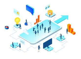 Isometric environment design with  business people discussing new data. Solving problems, improving working progress, working together business concept illustration