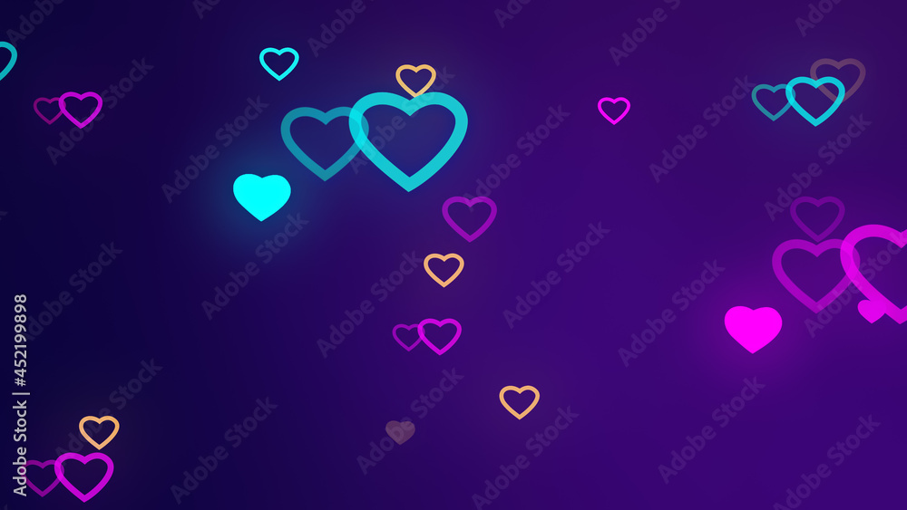 Poster 3d rendering of glowing multi-colored hearts in space located at different distances from each other