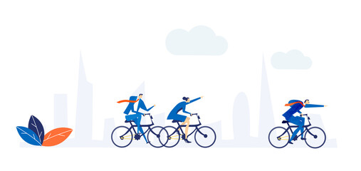 Business people riding bikes in the city. Winner and achievement concept 