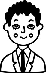Young male college student. Doodle avatar of guy dressed in uniform light suit, white shirt, black tie. Hand-drawn portrait of black-haired man. Cute icon of kind person. Vector cartoon illustration.