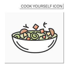 Fototapeta premium Vegetable salad color icon.Veggie fresh salad with mushrooms and mozzarella in a bowl. Homemade healthy lunch or dinner. Diet and vegetarian recipe. Isolated vector illustration