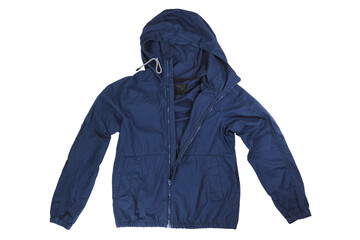 Jacket isolated on white background.Mens blue jacket in a hood isolated on a white background. Windbreaker jacket. Casual style. © lial88